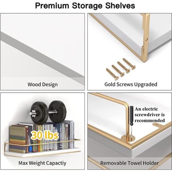 White Floating Shelves-Set of 2,Wall Mounted Hanging Shelves, Golden Towel Rack - Picture 6 of 6